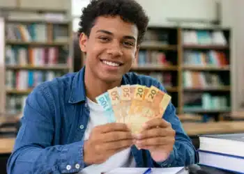 Estudante segura cédulas de real em referência ao pagamento de R$ 200 do Pé-de-Meia em agosto