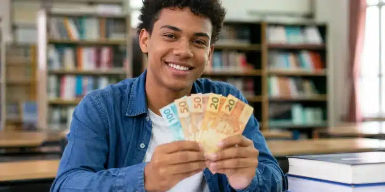 Estudante segura cédulas de real em referência ao pagamento de R$ 200 do Pé-de-Meia em agosto