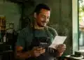 Trabalhador informal analisa documento e celular, representando a renegociação de dívida pelo Desenrola Adimplentes.