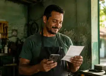 Trabalhador informal analisa documento e celular, representando a renegociação de dívida pelo Desenrola Adimplentes.
