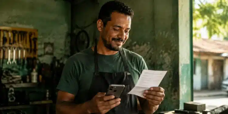 Trabalhador informal analisa documento e celular, representando a renegociação de dívida pelo Desenrola Adimplentes.