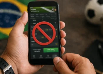 Celular com símbolo de bloqueio em plataforma de apostas representando restrição para beneficiários do Bolsa Família e BPC