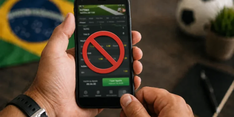 Celular com símbolo de bloqueio em plataforma de apostas representando restrição para beneficiários do Bolsa Família e BPC
