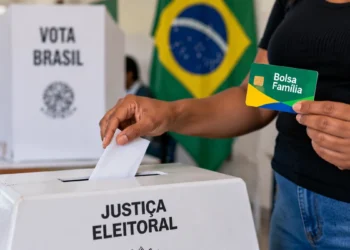 Pessoa inserindo voto em urna eletrônica enquanto segura cartão do Bolsa Família, representando o esclarecimento sobre o acesso a benefícios sociais sem relação com voto ou apoio político.