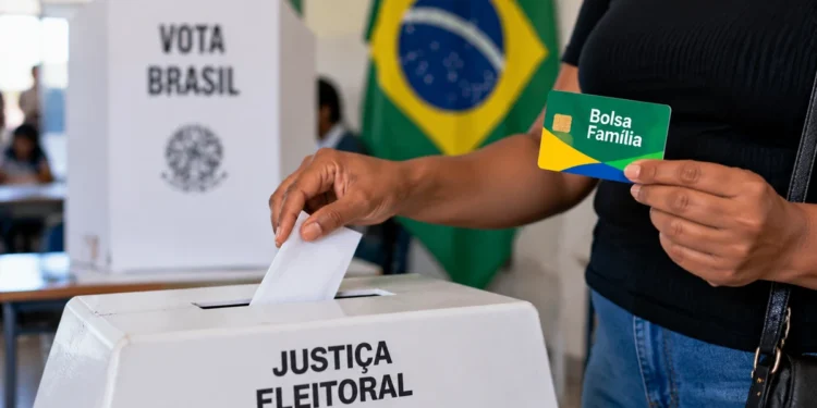 Pessoa inserindo voto em urna eletrônica enquanto segura cartão do Bolsa Família, representando o esclarecimento sobre o acesso a benefícios sociais sem relação com voto ou apoio político.