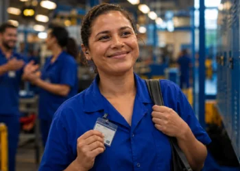 Trabalhadora de uniforme azul segura crachá em fábrica após anúncio de mudanças na jornada de trabalho com fim da escala 6x1.