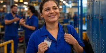 Trabalhadora de uniforme azul segura crachá em fábrica após anúncio de mudanças na jornada de trabalho com fim da escala 6x1.
