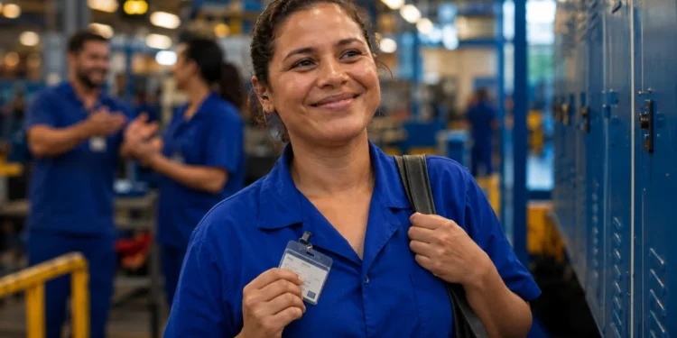 Trabalhadora de uniforme azul segura crachá em fábrica após anúncio de mudanças na jornada de trabalho com fim da escala 6x1.