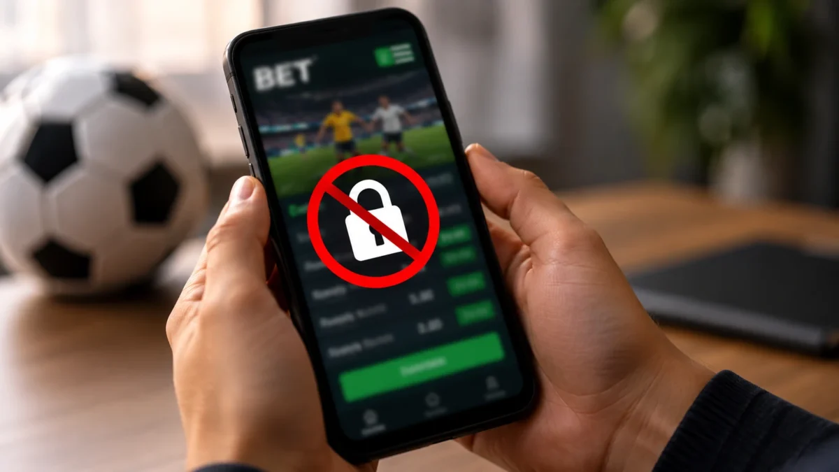Bets chegam ao fim no Brasil: governo define datas para encerramento das apostas e retirada de valores 2 Celular com plataforma de apostas bloqueada representa proibição de publicidade e patrocínios de bets no Brasil.