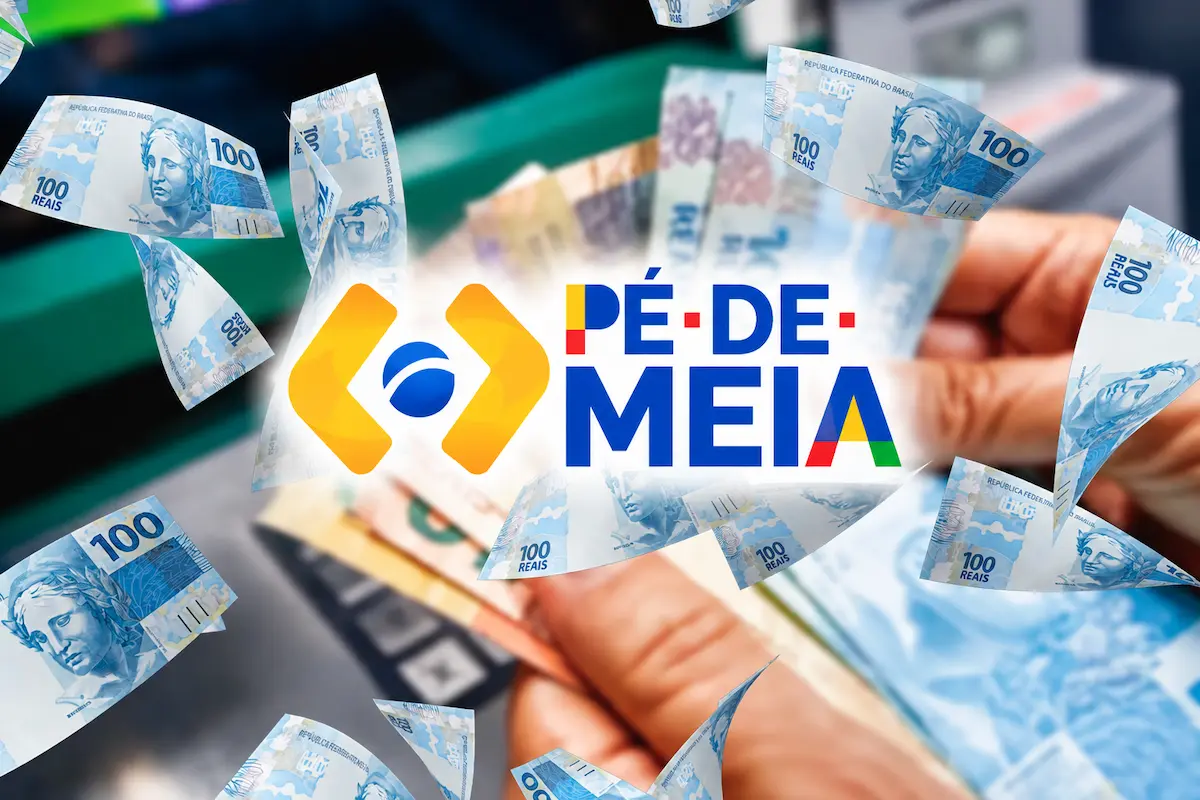 Pé-de-Meia de setembro: pagamento é liberado nesta quinta (24) para estudantes nascidos em julho e agosto 2 Logo do Pé-de-Meia sobre imagem de notas de R$ 100 espalhadas e mão segurando dinheiro.