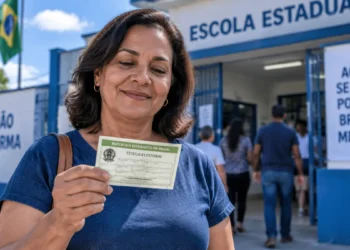 Mulher segurando título de eleitor em frente a uma escola durante o dia de votação, ilustrando a validação da Prova de Vida do INSS pelo comparecimento às urnas.