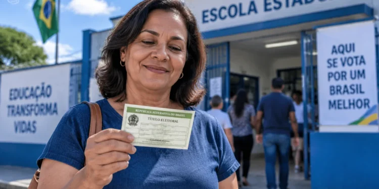 Mulher segurando título de eleitor em frente a uma escola durante o dia de votação, ilustrando a validação da Prova de Vida do INSS pelo comparecimento às urnas.
