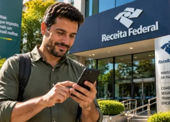 Homem consulta informações do Imposto de Renda pelo celular em frente à Receita Federal