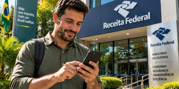 Homem consulta informações do Imposto de Renda pelo celular em frente à Receita Federal