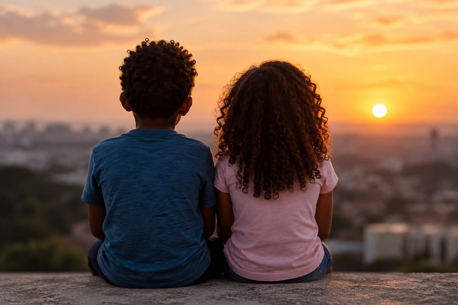 Filhos e dependentes de vítimas de feminicídio podem ter direito a pensão de R$ 1.621; veja como solicitar 2 Crianças menores de 18 anos sentadas de costas, representando dependentes com direito à pensão especial por feminicídio.