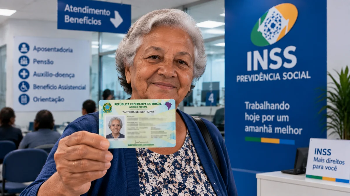 INSS confirma: comparecimento às urnas conta para a Prova de Vida automática 2 Idosa segurando documento de identificação em atendimento do INSS, ilustrando eventos que podem ser utilizados na Prova de Vida automática.
