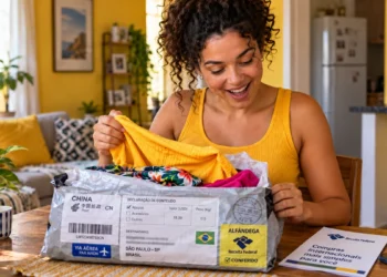 Mulher abre pacote internacional com roupas, representando a isenção da taxa das blusinhas para compras de até US$ 50.