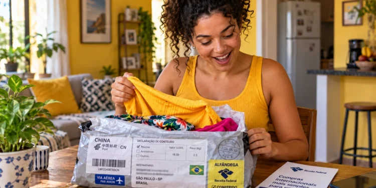 Mulher abre pacote internacional com roupas, representando a isenção da taxa das blusinhas para compras de até US$ 50.