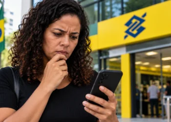 Mulher preocupada consulta o celular diante de agência bancária após anúncio do fim das bets no Brasil.