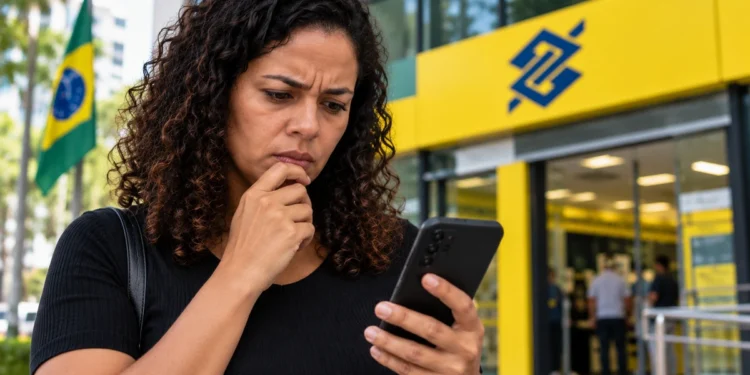 Mulher preocupada consulta o celular diante de agência bancária após anúncio do fim das bets no Brasil.