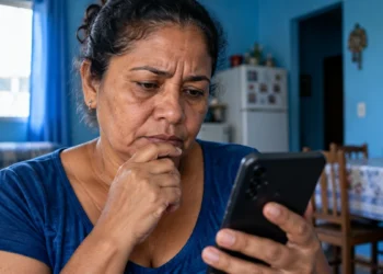 INSS faz novo alerta a beneficiários sobre mensagens falsas que ameaçam cortar benefício por falta de prova de vida 5 Beneficiária do INSS observa celular preocupada com mensagem falsa sobre prova de vida