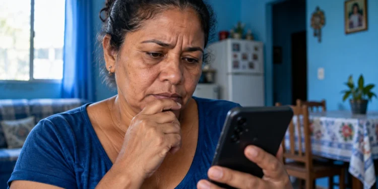 Beneficiária do INSS observa celular preocupada com mensagem falsa sobre prova de vida