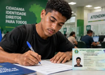 Cidadão preenche formulário para emissão da nova Carteira de Identidade Nacional em posto de atendimento