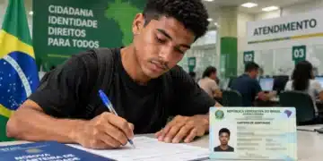 Cidadão preenche formulário para emissão da nova Carteira de Identidade Nacional em posto de atendimento