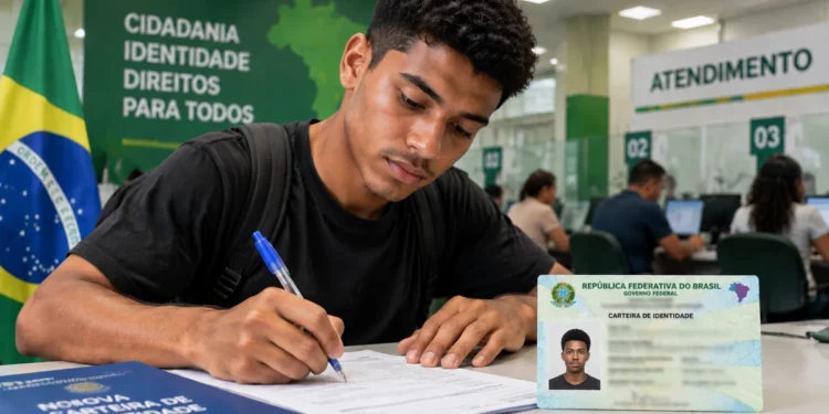 Cidadão preenche formulário para emissão da nova Carteira de Identidade Nacional em posto de atendimento