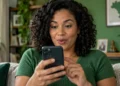Mulher usando smartphone em casa representando nova função do Pix para contas-salário anunciada pelo Banco Central