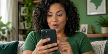 Mulher usando smartphone em casa representando nova função do Pix para contas-salário anunciada pelo Banco Central