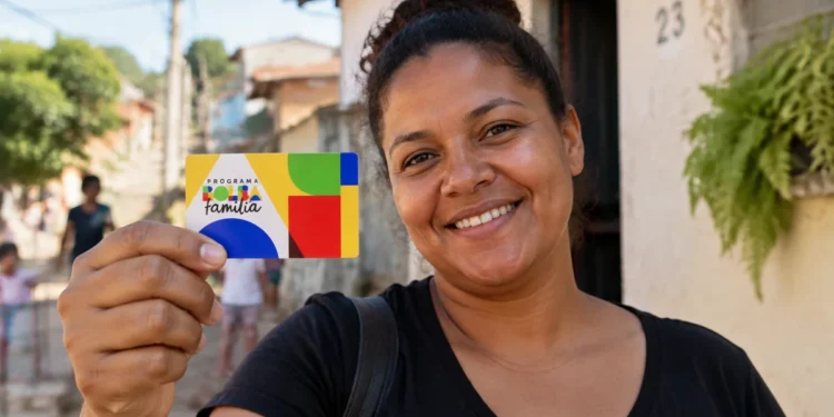 Beneficiária segura cartão do Bolsa Família representando a atualização do valor mínimo do programa em outubro.