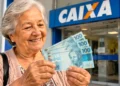 Idosa segura notas de dinheiro em frente a uma agência da Caixa representando o pagamento do BPC de setembro