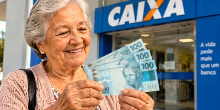 Idosa segura notas de dinheiro em frente a uma agência da Caixa representando o pagamento do BPC de setembro
