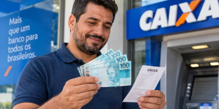 Homem confere dinheiro e comprovante bancário, representando o pagamento do lote residual da restituição do Imposto de Renda.
