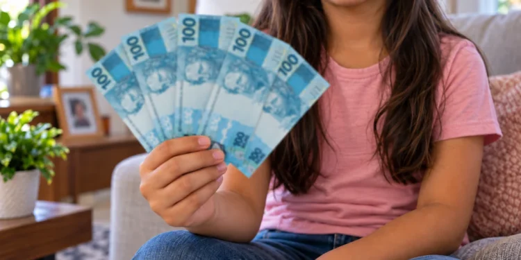 Menina segurando notas de R$ 100, representando a pensão destinada a filhos e dependentes de vítimas de feminicídio.