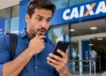 Homem consulta celular em frente a uma agência da Caixa, representando o lançamento do Pix Parcelado pelo aplicativo.