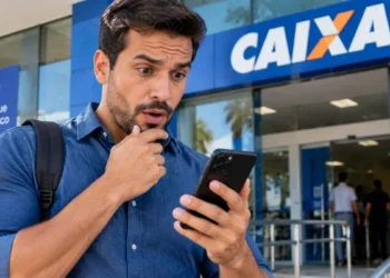 Homem consulta celular em frente a uma agência da Caixa, representando o lançamento do Pix Parcelado pelo aplicativo.
