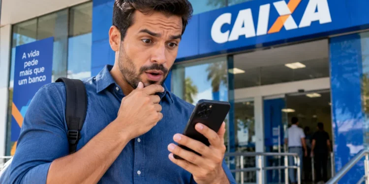 Homem consulta celular em frente a uma agência da Caixa, representando o lançamento do Pix Parcelado pelo aplicativo.