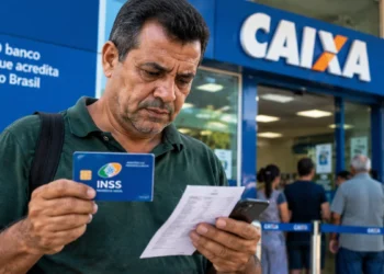 INSS: veja o prazo para sacar o benefício, consultar a perícia e corrigir contribuições 1 Segurado brasileiro segurando cartão do INSS em frente a uma agência da Caixa Econômica Federal, representando a consulta de benefício previdenciário.