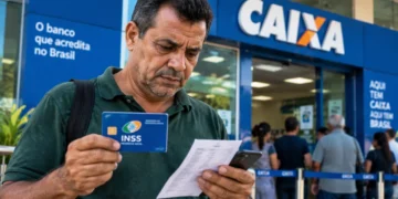 Segurado brasileiro segurando cartão do INSS em frente a uma agência da Caixa Econômica Federal, representando a consulta de benefício previdenciário.