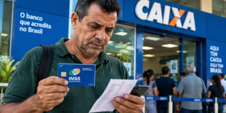 INSS: veja o prazo para sacar o benefício, consultar a perícia e corrigir contribuições 1 Segurado brasileiro segurando cartão do INSS em frente a uma agência da Caixa Econômica Federal, representando a consulta de benefício previdenciário.