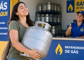 prazo-vale-gas-do-povo-termina-em-9-de-outubro.webp Imagem Mulher segura botijão de gás em frente a revendedora credenciada do programa Gás do Povo