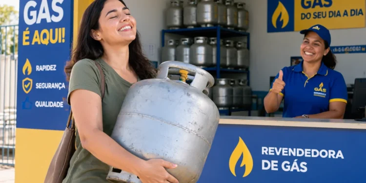 prazo-vale-gas-do-povo-termina-em-9-de-outubro.webp Imagem Mulher segura botijão de gás em frente a revendedora credenciada do programa Gás do Povo