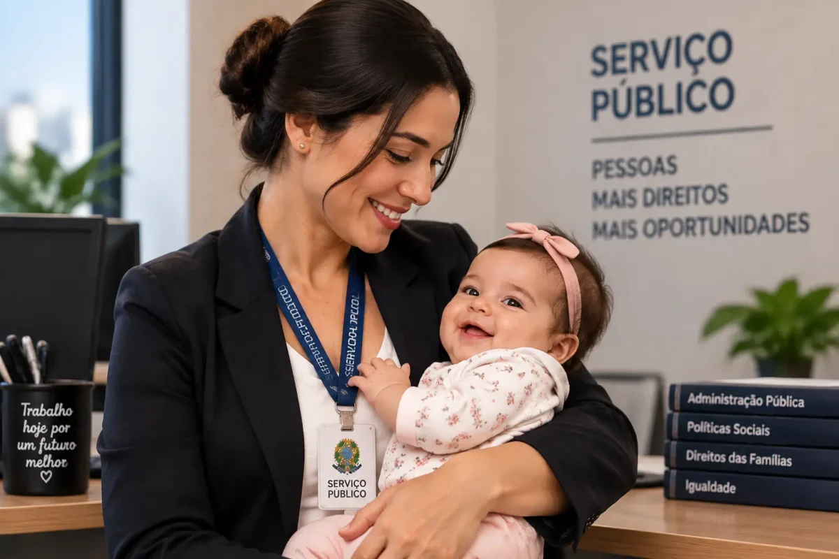 STF muda regras da licença-maternidade e iguala prazo para gestantes e mães adotantes 2 Servidora pública segura bebê no ambiente de trabalho representando as categorias beneficiadas pela licença-maternidade