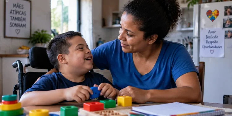 R$ 600 + R$ 150 por dependente: entenda o projeto que cria auxílio para mães atípicas 1 Mãe brasileira interagindo com filho com deficiência durante momento de cuidado familiar, representando o projeto de criação do Auxílio Mãe Atípica.