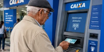 Idoso realiza saque de benefício do INSS em caixa eletrônico da Caixa Econômica Federal, representando a necessidade de retirar o pagamento em até 60 dias para evitar a devolução do valor.