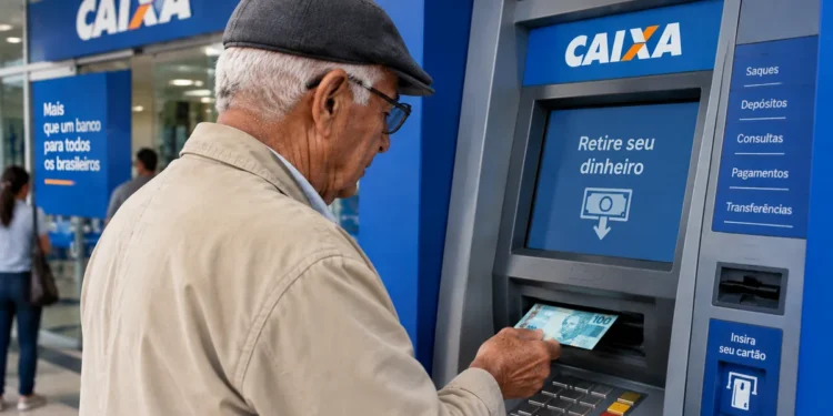 Idoso realiza saque de benefício do INSS em caixa eletrônico da Caixa Econômica Federal, representando a necessidade de retirar o pagamento em até 60 dias para evitar a devolução do valor.