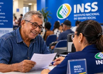 INSS abre quase 23 mil vagas de atendimento neste fim de semana (26 e 27/09); veja como agendar 6 Homem recebendo atendimento em uma agência do INSS, representando as vagas de atendimento disponíveis neste fim de semana.