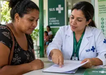 Quem recebe Bolsa Família deve atender convocação da Saúde para acompanhamento das condicionalidades 6 Mulher recebe orientações de uma profissional de saúde do SUS, representando o atendimento relacionado ao acompanhamento das condicionalidades do Bolsa Família.